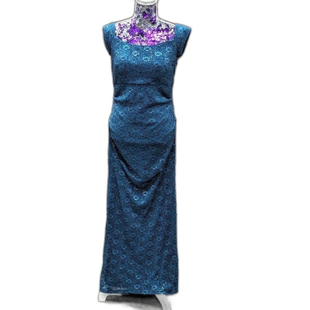 Y2K Mermaidcore Dark Teal Sequin Lace Maxi Gown‎ Formal Dress Lourea 12